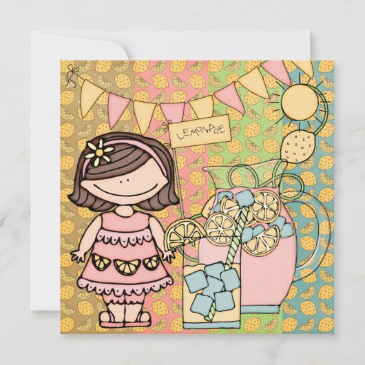 Brown Hair Girl Summer Lemonade Birthday Invite Kaart (Voorkant)
