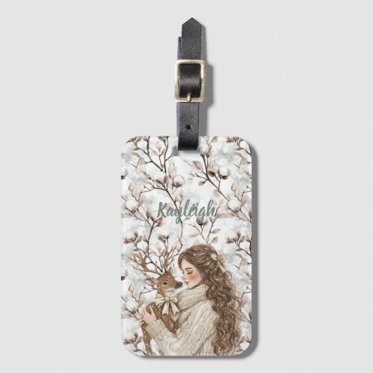 Brown Hair Girl with Deer Bagagelabel (Voorkant (verticaal))