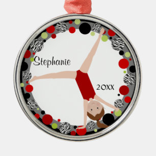 Brown Hair Gymnast in Red, Black & Green Keepomwil Metalen Ornament