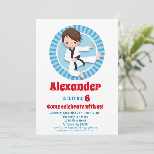 Brown Hair Karate Judo Boys Birthday Kaart (Staand voorkant)