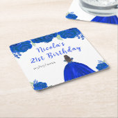 Brown Hair Princess Blue Floral Birthday Party Kartonnen Onderzetters (Schuin)