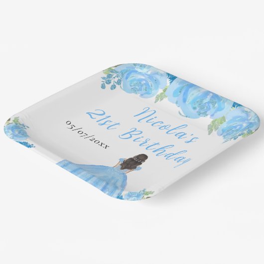 Brown Hair Princess Blue Floral Birthday Party Papieren Bordje (Gebogen)