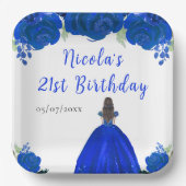 Brown Hair Princess Blue Floral Birthday Party Papieren Bordje (Voorkant)