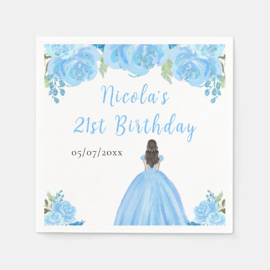 Brown Hair Princess Blue Floral Birthday Party Servet (Voorkant)