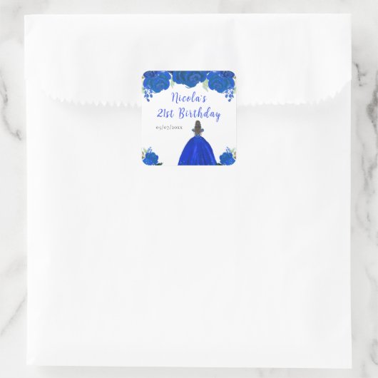 Brown Hair Princess Blue Floral Birthday Party Vierkante Sticker (Tas)