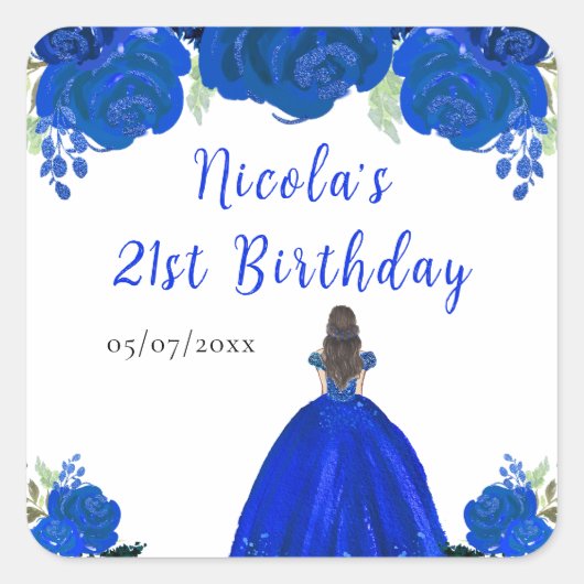 Brown Hair Princess Blue Floral Birthday Party Vierkante Sticker (Voorkant)
