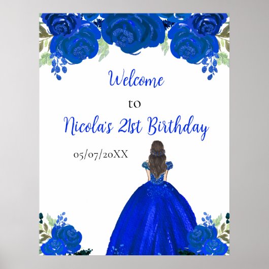 Brown Hair Princess Blue Floral Birthday Welcome Poster (Voorkant)