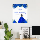 Brown Hair Princess Blue Floral Birthday Welcome Poster (Thuiskantoor)