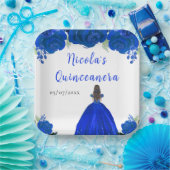 Brown Hair Princess Blue Floral Quinceanera Papieren Bordje (Feest)