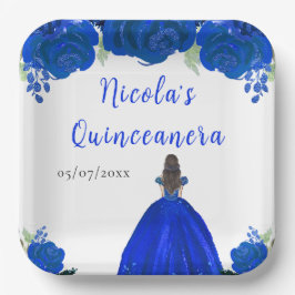 Brown Hair Princess Blue Floral Quinceanera Papieren Bordje