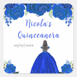 Brown Hair Princess Blue Floral Quinceanera Vierkante Sticker