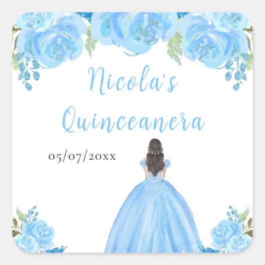 Brown Hair Princess Blue Floral Quinceanera Vierkante Sticker (Voorkant)