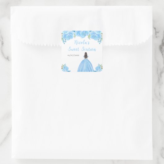 Brown Hair Princess Blue Floral Sweet Sixteen  Vierkante Sticker (Tas)