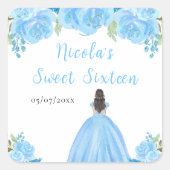 Brown Hair Princess Blue Floral Sweet Sixteen  Vierkante Sticker (Voorkant)
