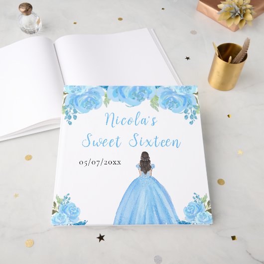 Brown Hair Princess Blue Sweet Sixteen Guest Book Gastenboek (Voorkant open)