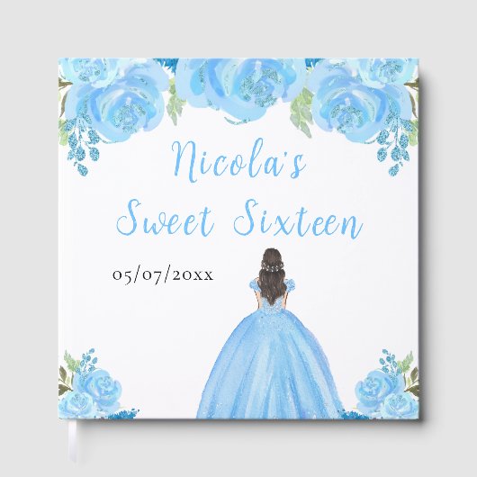 Brown Hair Princess Blue Sweet Sixteen Guest Book Gastenboek (Voorkant)
