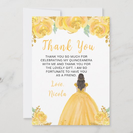 Brown Hair Princess Gold Floral Quinceanera Bedankkaart (Voorkant)