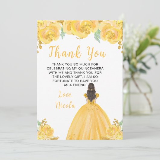 Brown Hair Princess Gold Floral Quinceanera Bedankkaart (Staand voorkant)