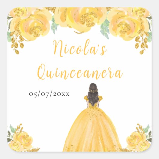 Brown Hair Princess Gold Floral Quinceanera Vierkante Sticker (Voorkant)
