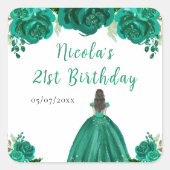 Brown Hair Princess Green Floral Birthday Party Vierkante Sticker (Voorkant)