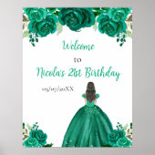 Brown Hair Princess Green Floral Birthday Welcome Poster (Voorkant)
