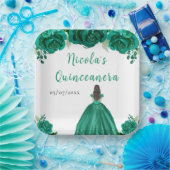 Brown Hair Princess Green Floral Quinceanera Papieren Bordje (Feest)