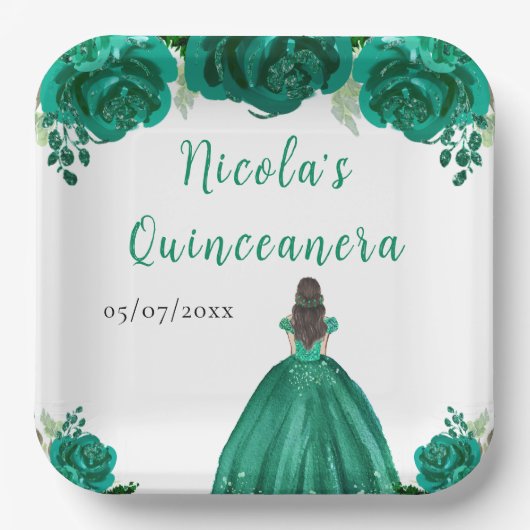 Brown Hair Princess Green Floral Quinceanera Papieren Bordje (Voorkant)