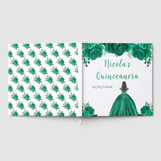 Brown Hair Princess Green Quinceanera Guest Book Gastenboek (Volledig)