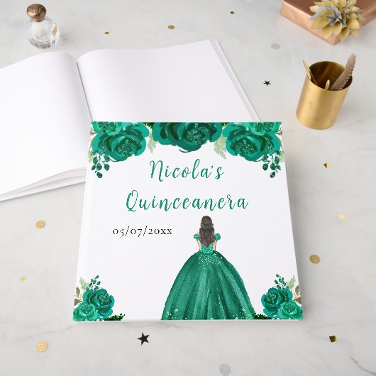 Brown Hair Princess Green Quinceanera Guest Book Gastenboek (Voorkant open)