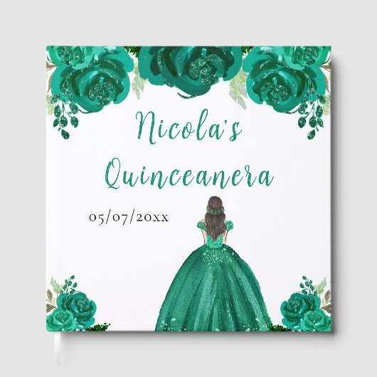Brown Hair Princess Green Quinceanera Guest Book Gastenboek (Voorkant)