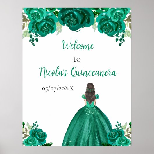 Brown Hair Princess Green Quinceanera Welcome Poster (Voorkant)