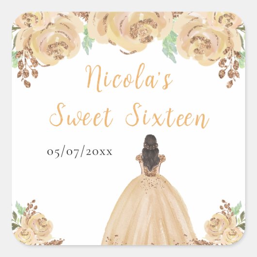 Brown Hair Princess Peach Floral Sweet Sixteen  Vierkante Sticker (Voorkant)