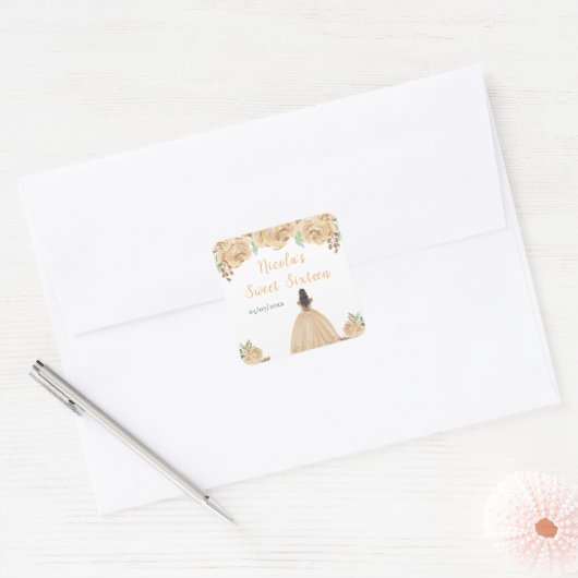 Brown Hair Princess Peach Floral Sweet Sixteen Vierkante Sticker (Envelop)