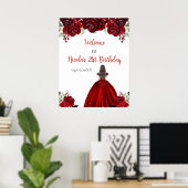 Brown Hair Princess Red Birthday Welcome Poster (Thuiskantoor)