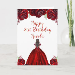 Brown Hair Princess Red Floral Birthday Kaart