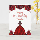 Brown Hair Princess Red Floral Birthday Kaart (Gele Bloem)