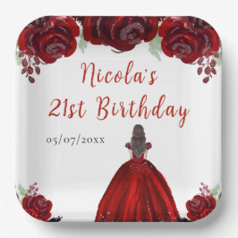 Brown Hair Princess Red Floral Birthday Papieren Bordje