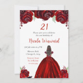 Brown Hair Princess Red Floral Birthday Party Kaart (Voorkant)