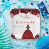 Brown Hair Princess Red Floral Quinceanera Papieren Bordje (Feest)