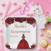 Brown Hair Princess Red Floral Quinceanera Papieren Bordje (Feest)