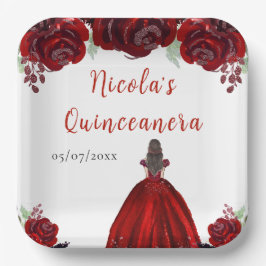 Brown Hair Princess Red Floral Quinceanera Papieren Bordje