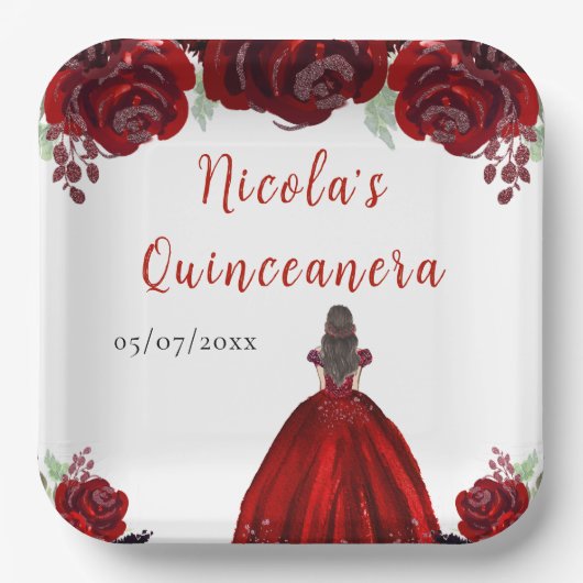 Brown Hair Princess Red Floral Quinceanera Papieren Bordje (Voorkant)