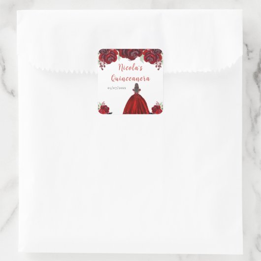 Brown Hair Princess Red Floral Quinceanera Vierkante Sticker (Tas)