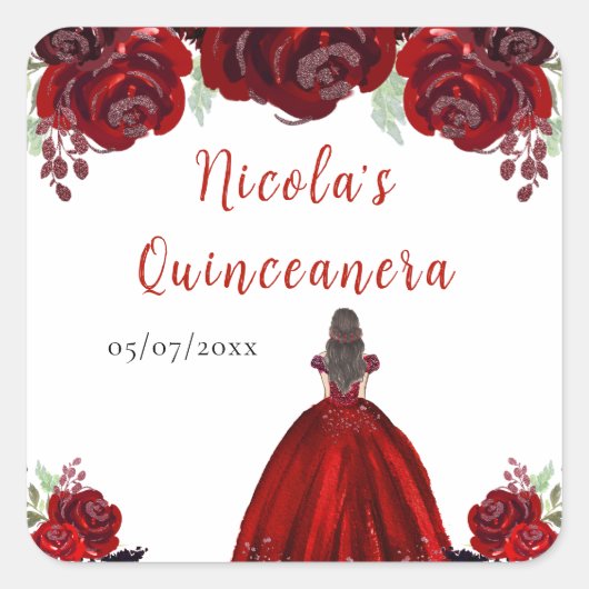 Brown Hair Princess Red Floral Quinceanera Vierkante Sticker (Voorkant)