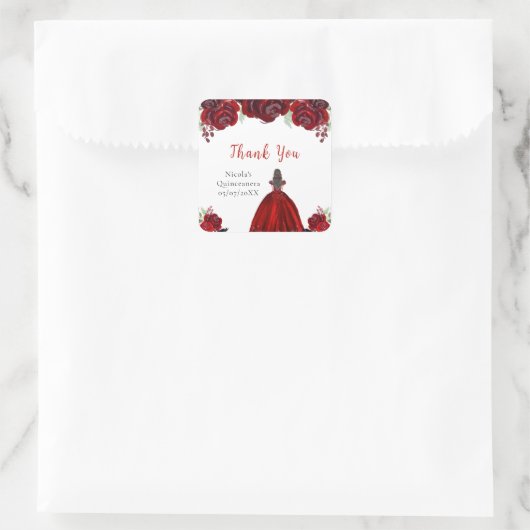 Brown Hair Princess Red Floral Quinceanera Vierkante Sticker (Tas)