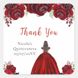Brown Hair Princess Red Floral Quinceanera Vierkante Sticker
