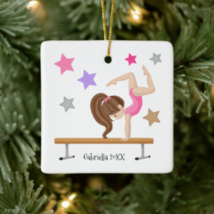 Brown Haire Gymnast Girl Gymnastiek Kerstmis Keramisch Ornament