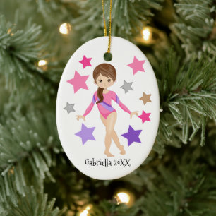 Brown Haire Gymnast Girl Gymnastiek Kerstmis Keramisch Ornament