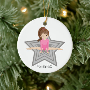 Brown Haire Gymnast Girl Gymnastiek Kerstmis Keramisch Ornament