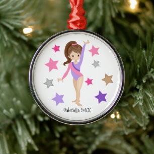 Brown Haire Gymnast Girl Gymnastiek Kerstmis Metalen Ornament